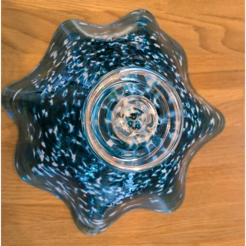 Vtg Blown Art Glass Blue White Confetti Floppy Bowl Handkerchief Ruffle 12
